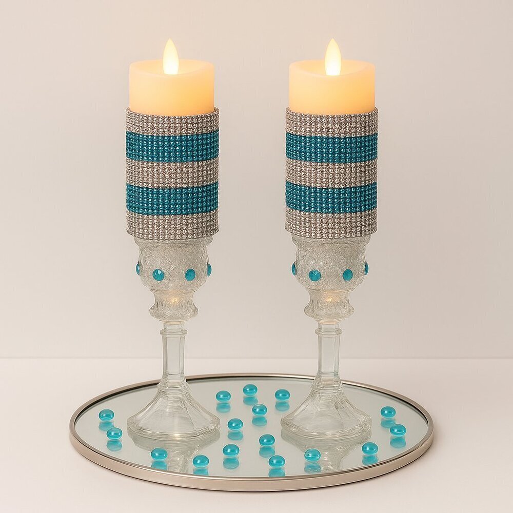 Handmade Glam Crystal Candle Holders – Silver & Teal Jeweled Design (Set of 2)